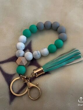 Beaded Tassel Keychain Wristlet in Teal, Gray & Marble